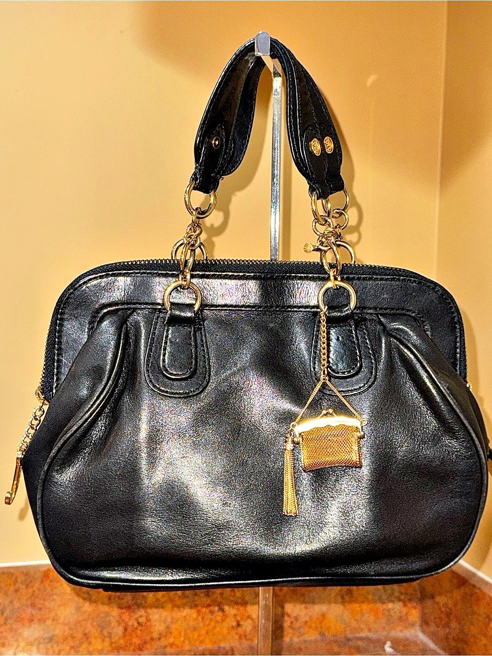 Vintage Juicy Couture Black Leather Slouchy Satchel Bag Mesh Coin Purse Charm